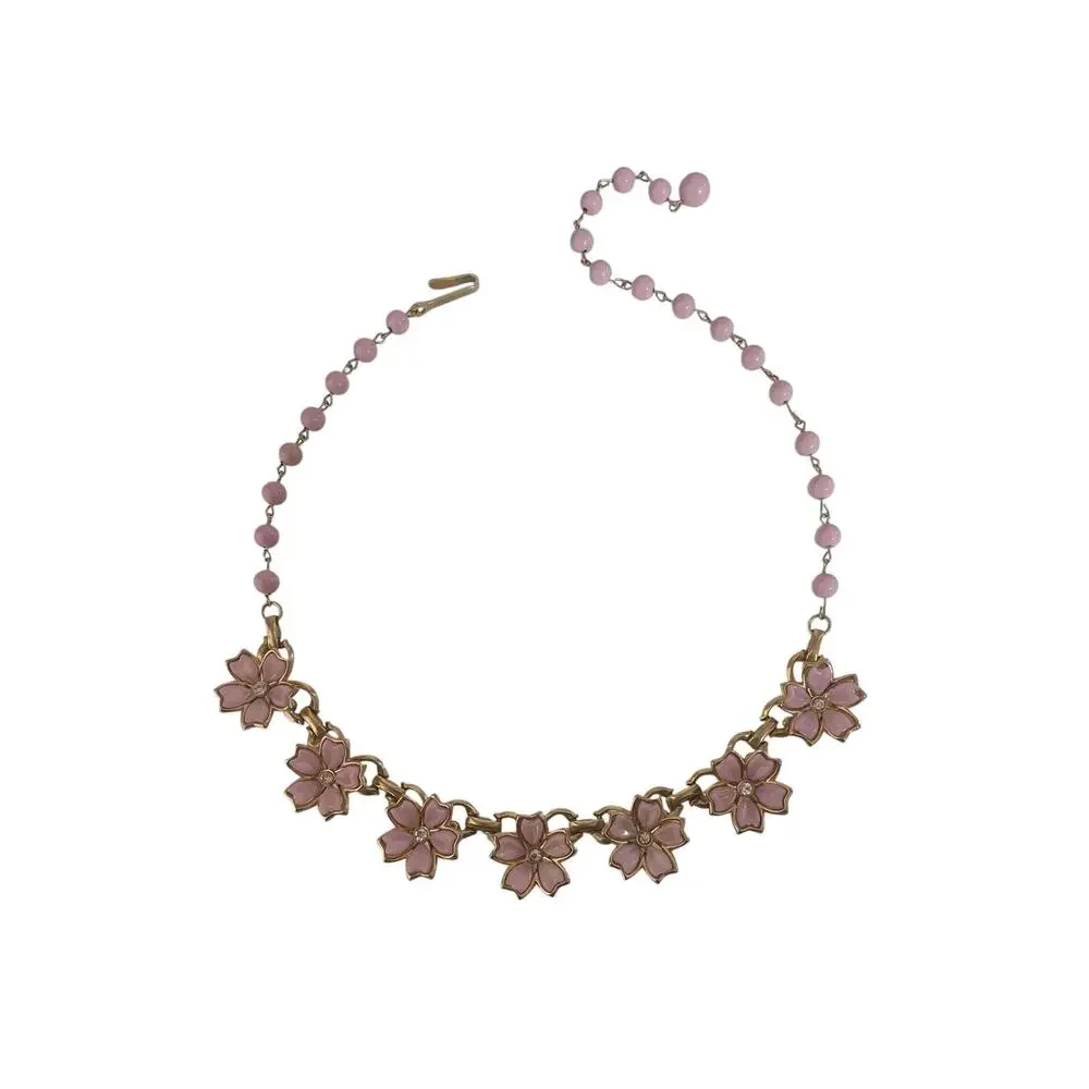 1960s Lavender Thermoset White Rhinestones Flower Adjustable Choker Necklace - Picture 2 of 6
